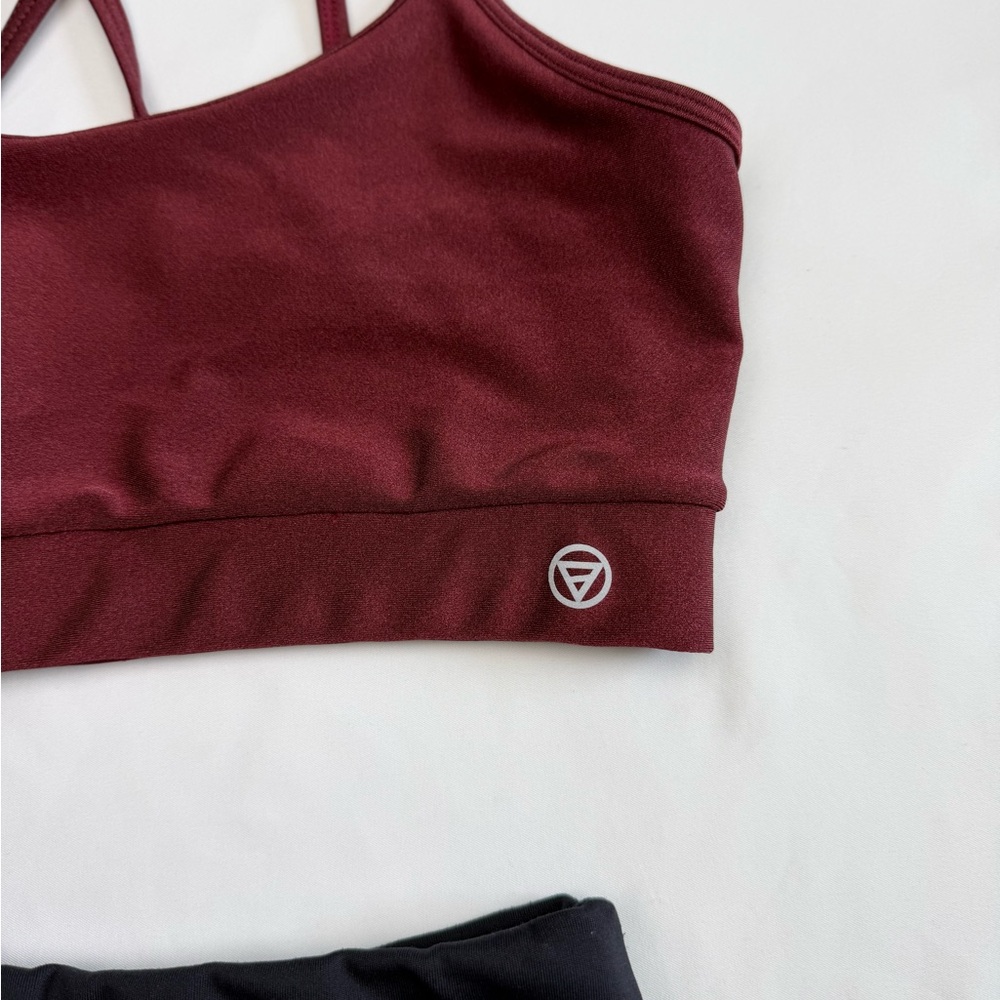 Matching Activewear Set Burgundy Black Sports Bra Biker Shorts Workout Set - Picture 6 of 13
